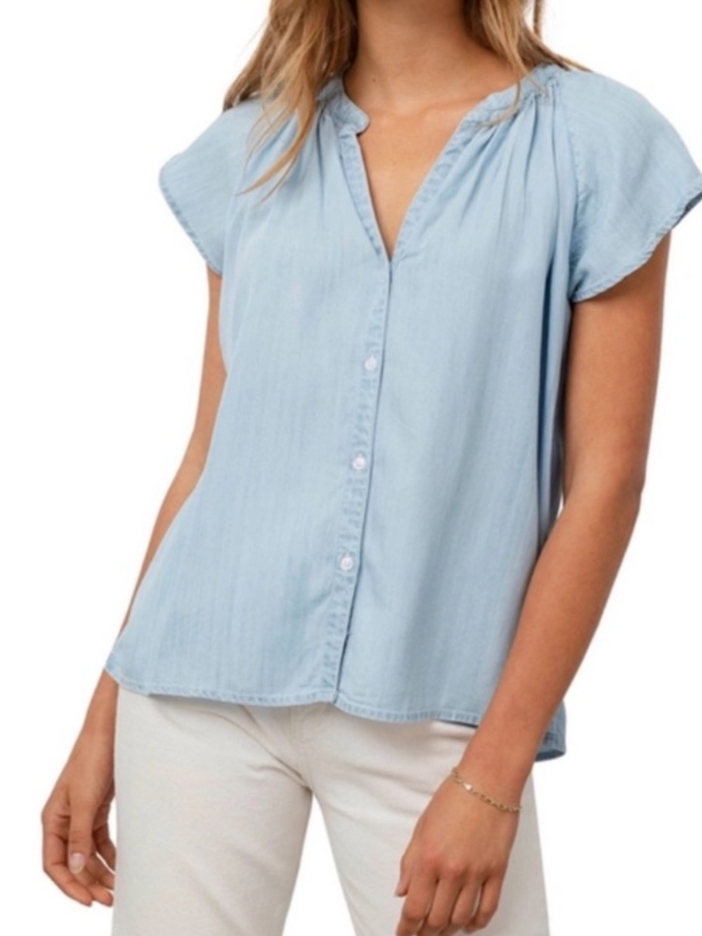 Rails Alena Light Blue Vintage Wash Button-Front  Flutter Sleeve Top
